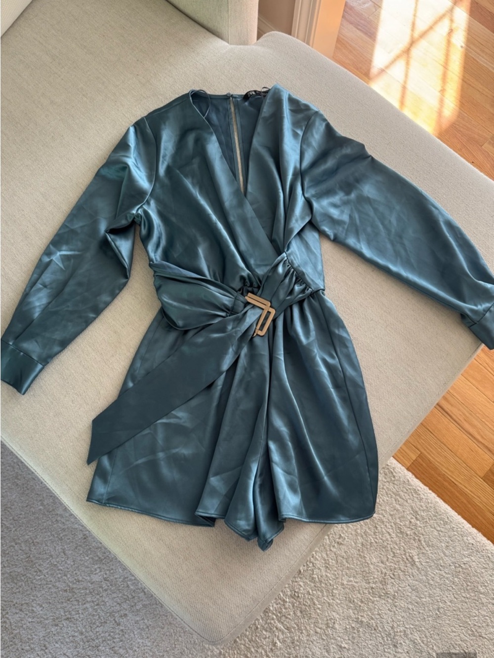 Zara Teal Satin Long-Sleeve Jumpsuit with Belt